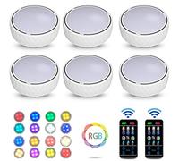 Bawoo Under Cabinet Lights, RGBW Wireless LED Puck Lights Remote Control,3500/4500/6000K Dimmable Battery Powered Atmosphere Night Light for Kitchen Wardrobe Cupboard Color Changing,6 Pack (White)