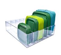 Bawuie Lid Organizer for Food Storage Container, Plastic Lid Holder with 5Adjustable Dividers for Kitchen Pantry Cabinet and Drawer, Countertop Cupboard Lid Organization, Small Clear