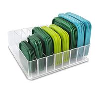 Bawuie Lid Organizer for Food Storage Container, Plastic Lid Holder with 7 Adjustable Dividers for Kitchen Pantry Cabinet and Drawer, Countertop Cupboard Lid Organization, Medium, Clear