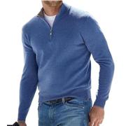 BAWUTZ Men's cashmere zip basic sweater, men's polo shirt, classic, men's V-neck sweater, long sleeves, soft touch, quarter zip (Blau,XXL)