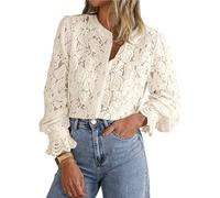 BAWUTZ Women's Apricot Floral Lace Blouse, Long Sleeve, Medium Size, Crew Neck with Ruffle Cuffs, Casual
