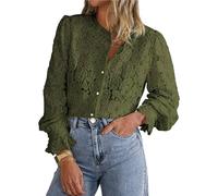 BAWUTZ Women's Army Green Floral Lace Long Sleeve Button Down Blouse, Size L