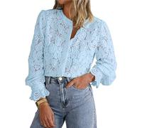 Women's Dressy Casual Lace Blouse, Long Sleeve Lace Blouses for Women,Long Sleeve Button Up Shirts Tops,Women's Lace Long Sleeve Tops,Dressy Casual Button Down Shirts (Light Blue,M)