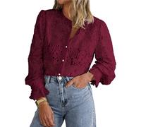 BAWUTZ Women's Dressy Casual Lace Blouse, Long Sleeve, Floral Lace, Button Down, Crew Neck, Loose Fit, XL, Claret