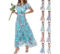 BAWUTZ Women's Floral Dress, Blauer See, XL, Maxi, V-Neck, Short Sleeve, Casual, Plus Size, Everyday, Social Events