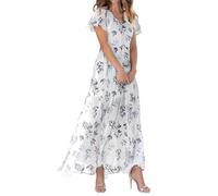 BAWUTZ Women's Floral Dress, Flowy Elegant Summer Maxi Dress, Summer New Chiffon Long Skirt V Neck Short Sleeve Dress (007 Weiß,XXL)