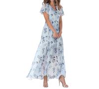 BAWUTZ Women's Floral Dress, Flowy Elegant Summer Maxi Dress, Summer New Chiffon Long Skirt V Neck Short Sleeve Dress (014 Himmelblau,XL)