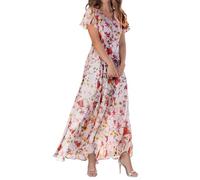 BAWUTZ Women's Floral Dress, Flowy Elegant Summer Maxi Dress, Summer New Chiffon Long Skirt V Neck Short Sleeve Dress (001 L- Rosa,XXL)