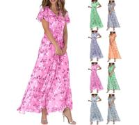 BAWUTZ Women's Floral Dress, Flowy Elegant Summer Maxi Dress, Summer New Chiffon Long Skirt V Neck Short Sleeve Dress (Rose Rot,S)