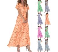 BAWUTZ Women's Floral Dress, Flowy Elegant Summer Maxi Dress, Summer New Chiffon Long Skirt V Neck Short Sleeve Dress (Orange,L)