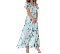 BAWUTZ Women's Floral Dress, Flowy Elegant Summer Maxi Dress, Summer New Chiffon Long Skirt V Neck Short Sleeve Dress (003 Grün,XL)