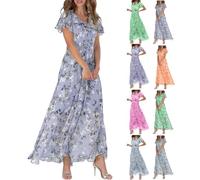 BAWUTZ Women's Floral Dress, Flowy Elegant Summer Maxi Dress, Summer New Chiffon Long Skirt V Neck Short Sleeve Dress (011 Hellviolett,XL)