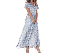 BAWUTZ Women's Floral Dress, Flowy Elegant Summer Maxi Dress, Summer New Chiffon Long Skirt V Neck Short Sleeve Dress (012 Hellblau,M)