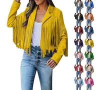 BAWUTZ Women's fringe tassel jacket lapels, long sleeve transition jacket, short fringe jacket, elegant denim jacket, jeans jacket, vintage faux leather jacket, denim coat (Gelb,L)