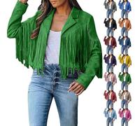 BAWUTZ Women's fringe tassel jacket lapels, long sleeve transition jacket, short fringe jacket, elegant denim jacket, jeans jacket, vintage faux leather jacket, denim coat (Grün,XL)