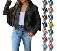 BAWUTZ Women's fringe tassel jacket lapels, long sleeve transition jacket, short fringe jacket, elegant denim jacket, jeans jacket, vintage faux leather jacket, denim coat (Schwarz,M)