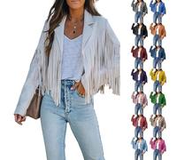 BAWUTZ Women's fringe tassel jacket lapels, long sleeve transition jacket, short fringe jacket, elegant denim jacket, jeans jacket, vintage faux leather jacket, denim coat (Weiß,XXL)