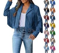 BAWUTZ Women's fringe tassel jacket lapels, long sleeve transition jacket, short fringe jacket, elegant denim jacket, jeans jacket, vintage faux leather jacket, denim coat (Blau,L)