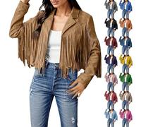 BAWUTZ Women's fringe tassel jacket lapels, long sleeve transition jacket, short fringe jacket, elegant denim jacket, jeans jacket, vintage faux leather jacket, denim coat (Braun,3XL)