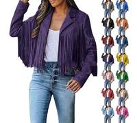 BAWUTZ Women's fringe tassel jacket lapels, long sleeve transition jacket, short fringe jacket, elegant denim jacket, jeans jacket, vintage faux leather jacket, denim coat (Lila,L)