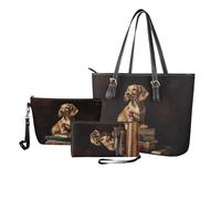 Baxinh 3 Pcs Top Handle Tote Bag Set Womens Handbag and Wallet Set Cosmetic Bag Wallet Shoulder Purse Clutch for Party, Brown-dachshund