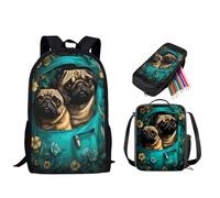 Baxinh Pocket Pug Dog Printed Kids Book Bag Set, 3 Piece Primary Backpack Set for Boys Girls, Lightweight School Bag with Lunch Box and Pencil Pouch for Teens,Back to School Gift