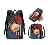 Baxinh Teen Boys Girls Backpack Set School Bag Bookbag Lunch Box Pen Case 3 Pcs, Black-baseball American Flag, One Size