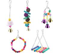 Baxnore 5pcs Set Wooden Bird Parrot Swing Hanging Chew Climbing Set Cockatiel Budgie Colorful Exercise Beak Sharpening Stress Relief for Small Medium Parrots