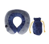 Baxnore Self Inflatable Travel Pillow U Shaped Portable Neck Support for Sleeping Napping Airplane Car Bus Travel Dark Blue with Gray Crystal Velvet Cover Size with Storage Bag