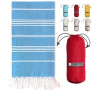 BAY LAUREL Turkish Beach Towel with Travel Bag 39 x 71 Quick Dry Sand Free Lightweight Large Oversized Towels Light (Blue with Red Bag)
