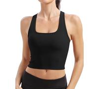 BAYDI Longline Padded Sports Bra Square Neck Workout Tops for Women Tank Tops with Built in Bra Ribbed Yoga Bras Black