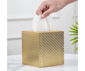 Baydie Home Tissue Box Cover - Square, White Tissue Holder for Bathroom Accessories (Gold)