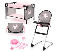 Bayer 9-in-1 Travel Doll Accessories Bed Set with High Chair - Complete Baby Doll Cot Set - Play Mat, Feeding & Storage Bag for 46cm Dolls - Role Play Birthday Gifts for Girls, Boys