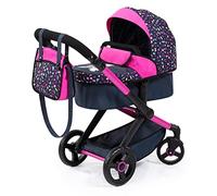 Bayer Design 17080AA Combi dolls pram Xeo, stroller, height-adjustable handle, convertible, bag, black-pink with pattern