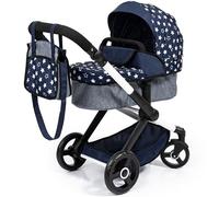 Bayer Baby Dolls Pram XEO - Convertible Doll Pushchair, Carrycot & Changing Bag - Stroller with Adjustable Handle Height for Girls, Tall Dolls Pram for 6+, 3-5 Year Olds - Navy Blue, White Stars