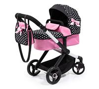 Bayer Baby Dolls Pram XEO - Convertible Doll Pushchair, Carrycot & Changing Bag - Stroller with Adjustable Handle Height for Girls, Tall Dolls Pram for 6+, 3-5 Year Olds - Black/Pink, White Hearts