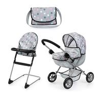 Bayer Design 13707AB Dolls pram, doll stroller, carriage pram, foldable, with highchair, bag, Grey