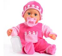 Bayer Design 15inch First Words Baby Doll (Pink) | sleeping eyes, 24 baby sounds, soft body for cuddling, cute outfit, dummy and bottle for children’s role-play