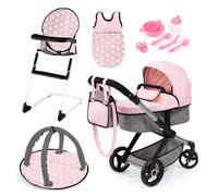 Bayer Design 17030AB Dolls pram XEO, doll stroller, carriage pram with highchair, bag, sleeping bag, baby gym, accessories, Pink