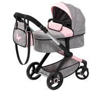 Bayer Design 17033AA Doll's pram Xeo, Stroller, Height-Adjustable, Reversible Handle, Convertible, Bag, Jeans-Grey, Pink