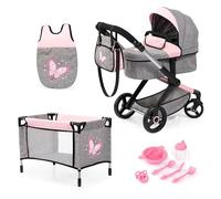 Bayer Design 17033AD Dolls pram XEO, doll stroller, carriage pram with bed, bag, sleeping bag, accessories, Pink