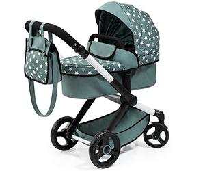BAYER Design 17058AA Combi Dolls pram Xeo, Stroller, Height-Adjustable Handle, Convertible, Bag, Green, Star,Medium