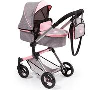 Bayer Design 18433AA Dolls Pram NEO Vario stroller, bag, convertible, foldable, adjustable handle, Grey Jeans-look, Pink, Butterfly