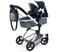 Bayer Design 18481AB Combi Doll's pram Neo Vario with Bag and Shopping Basket, Convertible into a Stroller, Height Adjustable, Blue, White