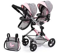 Bayer Design 26233AA Dolls Twin Pram, carriage, adjustable handle, foldable, bag, integrated shopping basket