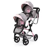 Bayer Design 26233AA Dolls Twin Pram, carriage, adjustable handle, foldable, bag, integrated shopping basket