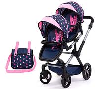 Bayer Design 26716AA Twin Dolls pram, Carriage, Adjustable Handle, Bag, Blue, Pink, Stars
