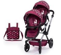Bayer Design 26723AA Twin dolls pram, carriage, adjustable handle, bag, bordeaux, pink, stars