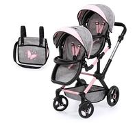 Bayer Design 26733AA double dolls pram, heigh-adjustable, reversible handle, bag, swivel front wheels, grey-pink with butterfly