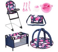 Bayer Design 61769AB Set 9 in 1 for dolls with highchair, bag, plate with cutlery and drinking cup, a play mat and travel bed, doll accessories set, blue pink stars